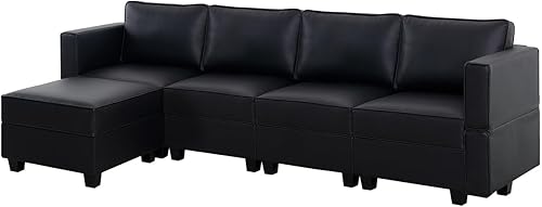 Miniatura 8 de Naomi Home Sarah - Sofá modular en forma de L de 4 piezas con otomana, cuero de aire negro, asiento ergonómico con resortes helicoidales de