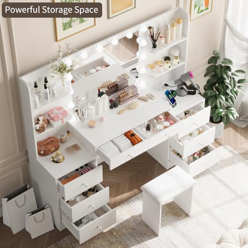 VOWNER Large Vanity Desk with Lighted Mirror &Power Outlet & Soft Stool, Makeup Vanity with 8 Drawers, 6 Open Shelves, Makeup Table for Women,Bedroom Dressing Table with Mirror, White