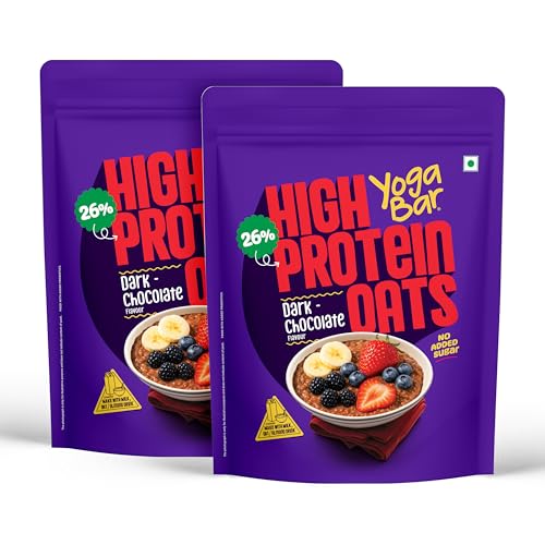 Image of Yogabar 26g High Protein Oats 1kg, Pack of 2 , Dark Chocolate - 26g Protein per 100g &No added sugar -High Protein Oats for Gym- Premium Protein Blend with Whey Protein Powder - with Chia, Sunflower & Pumpkin Seeds & Probiotics