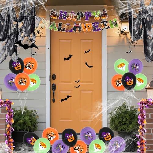 Halloween Deko Set, Horror HAPPY HALLOWEEN Dekoration Girlande, Luftballons, Tortendeko, Spinnennetz, Aufkleber, Fledermaus, Kürbisse, für Innen Gruselige Pary