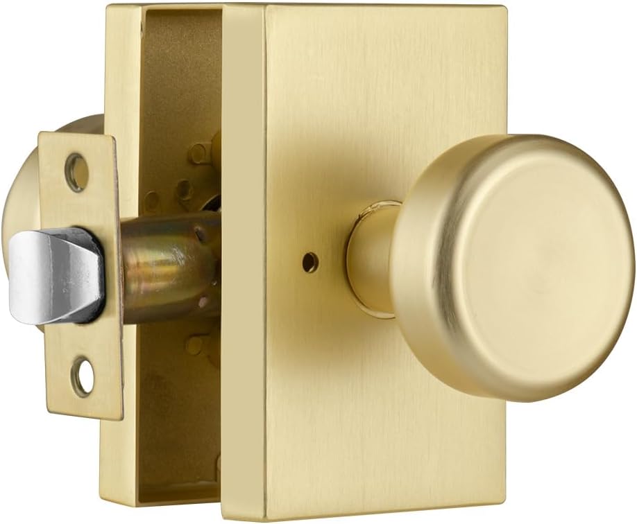 Gold Door Knobs Interior,Satin Brass Door Knob with Lock,Interior Door Handles for Bathroom & Bedroom