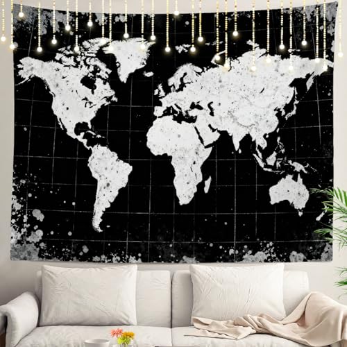 Shrahala Black World Map Tapestry, Grungy White World Map Wall Hanging Hd Print Polyester Backdrop For Dorm Room Bedroom 59.1 X 82.7 In