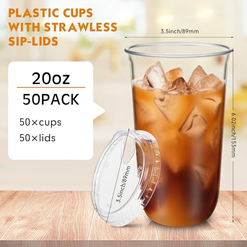 Baderke 50 Pcs Round Bottom Plastic Cups with Sip Lids Clear Disposable Iced Coffee Cups for Smoothie Cold Beverage Coffee Shops and Party Catering(20 oz,Clear)