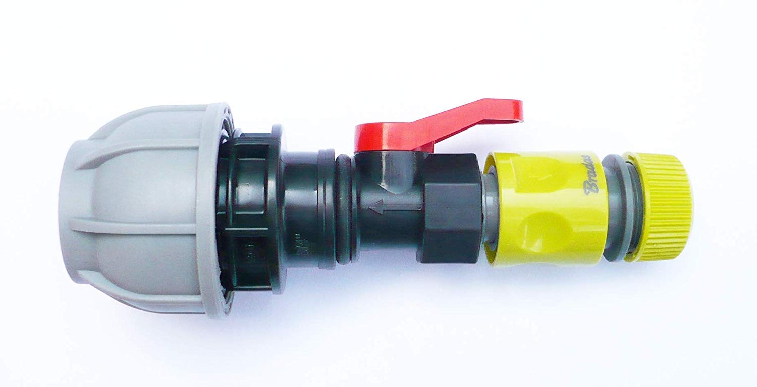 HENSITA PIPE JOINER. Joins MDPE/Alkathene Solid Pipe to Snap On Hose Connector. With On/Off Valve (32 mm MDPE x 1/2" Snap On Connector)