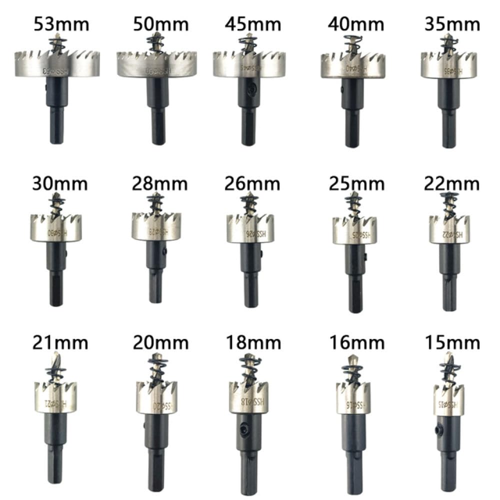 Juego de sierras perforadoras de 12 piezas de 15-50 mm Corona de perforación de brocas de acero de alta velocidad para herramienta de corte de madera de acero inoxidable de aleación de metal, 15PCS