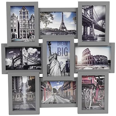 Large Multi Aperture Collage Picture Frame Holds 9/11/18 Photos 6x4 Wood Look (9 Piece Photo Frame, Grey) Cover