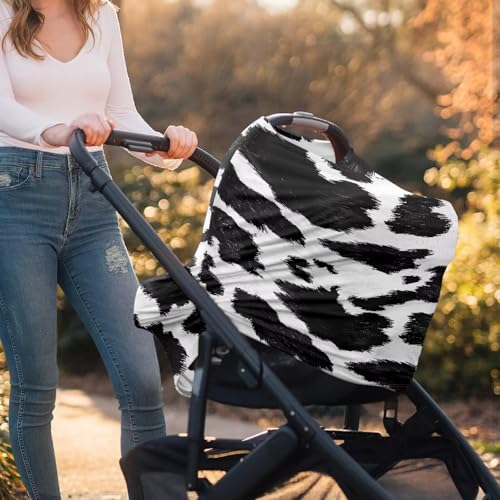 Image of Black Cow Print Infant Carseat Cover Stylish Multi-Purpose Nursing Cover Breastfeeding Scarf Baby Shower Gifts