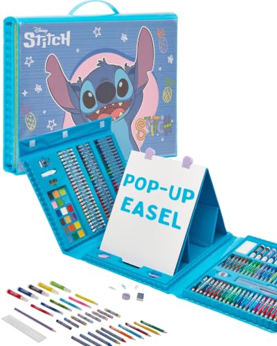 Disney Stitch Lot de 162 chevalet d'artiste pop up pour enfants – Tableau blanc et tableau noir avec marqueurs, feutres, crayons de couleur, gâteaux de peinture, crayons, pastels à l'huile, craies et
