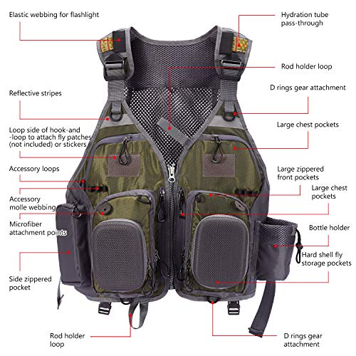 BASSDASH Strap Fishing Vest Adjustable for Men and Women, for Fly Bass Fishing and Outdoor Activities