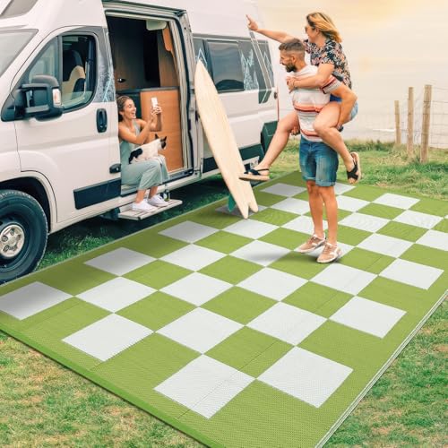 Outdoor Rug 8 x 10 Waterproof Checkboard Woven Carpet, Large Reversible Plastic Straw Rug, Foldable Modern Geometric Plaid Outside Camping Rug for Pic