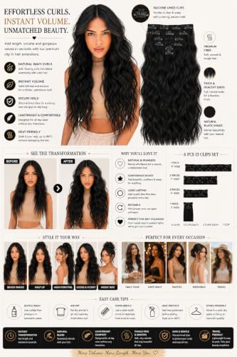 Image of Salon-Grade Clip-in Hair Extensions for Women, Imported Synthetic Hair, 6 PCS with 13 Secure Clips, Instant Volume, Natural Blend, Reusable Hair Volumizer (Black, Curly /Wavy)