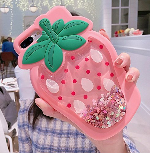 C CASESOPHY Glitter Liquid Floating Stars Pink Strawberry Case for iPhone 7 Plus / 8 Plus Large Size 3D Soft Silicone Ultra Thick Protective Cute Fresh Bling Shiny Bold Gift Kids Women Teens Girls