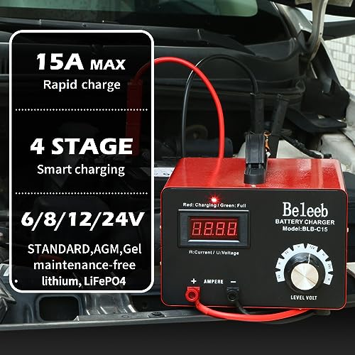 Beleeb C15 Multiple Voltage Battery Charger 6V 8V 12V 24V Lead-Acid LiFePO4 Lithium Batteries, 15 A Automotive Car Battery Charger and Desulfator for Golf Cart Motorcycle Truck Lawn Mower