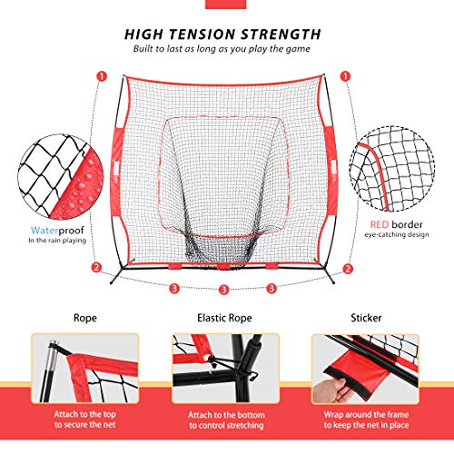 VIVOHOME 7 x 7 Feet Baseball Backstop Softball Practice Net Set with Strike Zone Target Tee Ball Caddy Carry Bag and 3 Weighted Balls for Batting Hitting and Pitching - Thumbnail 2