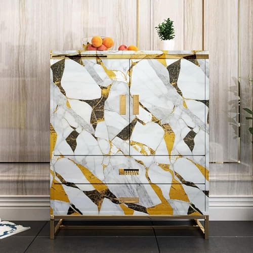 Image of Self Adhesive Marble Wallpaper Kitchen Oil Proof & Waterproof Wallpaper for Cabinet Makeover, Almirah, Plastic & Tabletop, Wardrobe (60x200cm) (New White Gold Blocks)