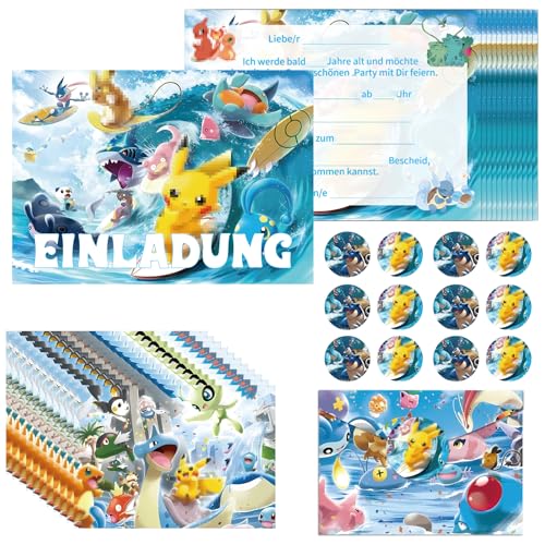GOACRS Einladungskarten Kindergeburtstag Jungen Mädchen 12pcs Geburtstag Einladungen auf Deutsch Partyeinladungen mit Umschlägen und Runden Aufklebern Cartoon Anime Einladung Set für Kinder Party