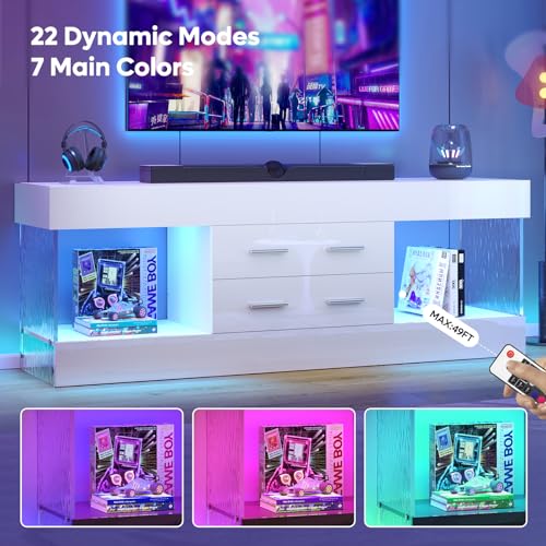 Image of Bestier Modern TV Stand for 65 Inch TV, White Entertainment Center | High Gloss White Finish, Stone Pattern Panels, LED Lights, 2 Large Storage Drawer, Living Room Media Console