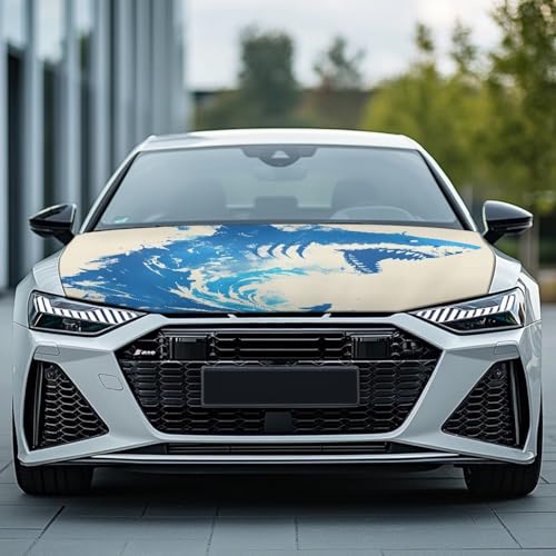 Image of Wild Shark Great Wave Car Hood Cover Protector Vehicles Sedans Trucks SUVs, Blue Shark Aesthetic Art Stretchable Auto Accessories, Ocean Surfing Lover Car Bonnet Banner