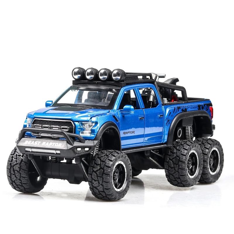 Image of New 1:24 Raptor F150 Diecast Alloy Metal Pull Back Car with Openable Doors Music Sound and Light Vehicle Toy Car for Kids Boys (Blue)