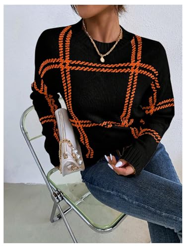 Image of MakeMeChic Women's Drop Shoulder Plaid Pattern Sweater Long Sleeve Round Neck Tops Casual Loose Pullovers Tops Black X-Small