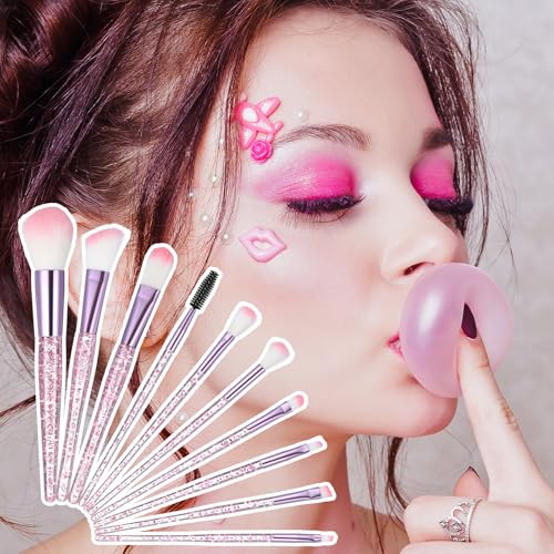10Pcs Pink Makeup Brushes Set Professional Eye Shadow Brushes Set Kit for Blush Lip Foundation Eyebrow Loose Powder and Fan Brushes with Sequins Handle Make up Blending Brushfor Women Gift
