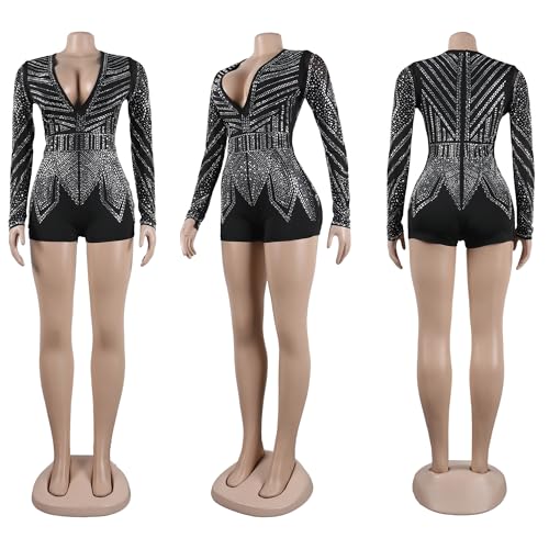 Image of Jigfar Women Sexy Embellished Rhinestone Bodycon Jumpsuit Mesh See Through Patchwork Birthday Party Night Out Clubwear