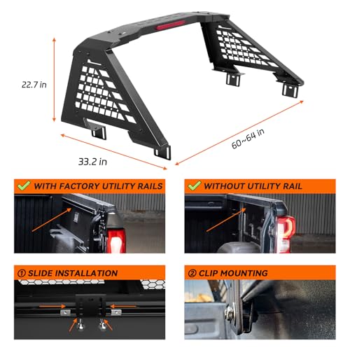 Image of Adjustable Roll Bar Full Size Compatible with Truck - F-Series /F150 /Ranger /Tremor /Lighting, Ram 1500 TRX Series, Silverado 1500, Gmc Sierra 1500, Tundra,Titan Xd | No Drilling Installation