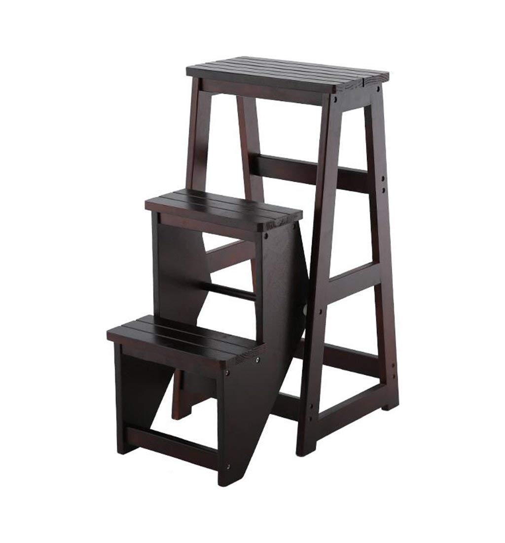 Taburete de escalera de biblioteca de madera maciza con sistema plegable de tres peldaños