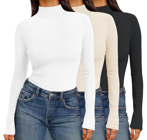 Ekouaer Women 3 Pack Turtleneck Shirts Ribbed Thermal Underwear Tops Lightweight Long Sleeve Layer Tees Basic Pullover Blouse L (Black + Beige + White)