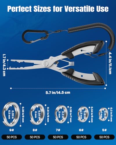 Image of Pawfly 250 Pcs Split Rings and Split Ring Pliers Kit for Fishing, Black-1 | 5 Sizes Fishing Split Rings & Fishing Pliers, Fishing Lure Connectors, Stainless Steel Split Rings for Saltwater & Freshwater