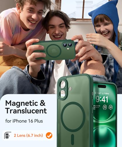 Image of CANSHN Magnetic for iPhone 16 Plus Case, Upgraded [Full Camera Protection] [Compatible with Magsafe] [Translucent Matte] Shockproof Protective Phone Case for iPhone 16 Plus - Deep Green