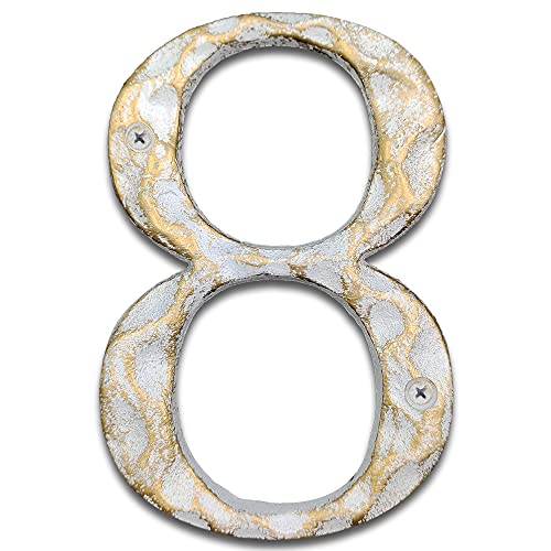 Hausnummern aus Gusseisen, 14 cm hoch, einzigartige Hausnummern/Buchstaben für Außen- oder Haustür, handgefertigt, Gold- und Weiß-Finish (Nummer 8)