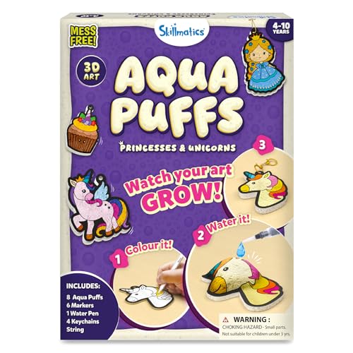 Skillmatics Aqua Puffs - 3D Art Kit, Princesses & Unicorns, Mess-Free Painting Craft for Kids, DIY Colour & Inflate Activity, Travel Toys & Creative Gifts for Girls & Boys Ages 4, 5, 6, 7, 8, 9, 10