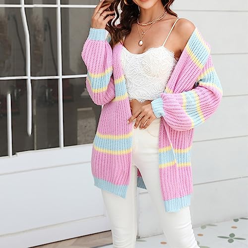 Womens Open Front Cardigan Sweaters Long Sleeve Chunky Crochet Colorblock Shrugs Jacket Casual Lightweight Comfy Coat4
