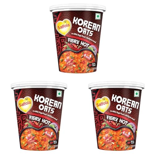 Image of Saffola Korean Cuppa Oats, Fiery Hot, with chilli dressing sachet, No added preservatives, Ready in 4 mins, 56g (Pack of 3)