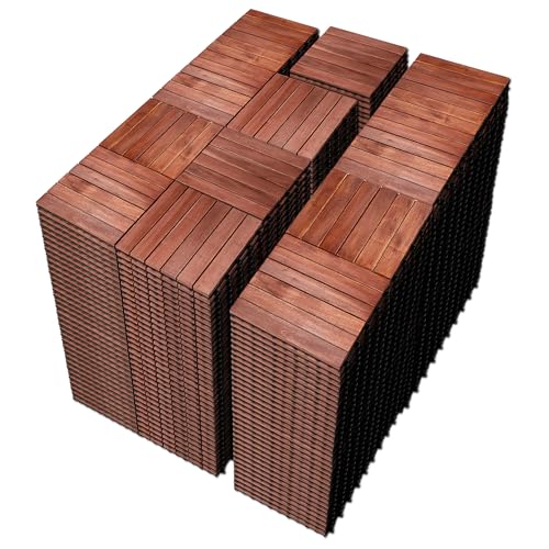 PrimeZone 432 PCS Solid Acacia Wood Interlocking Patio Deck Tiles - 12" x 12" Indoor Outdoor Waterproof Flooring Tiles for Balcony, Backyard, Garden & Poolside, All Weather Use, Brown