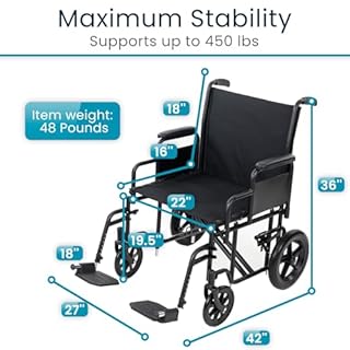 Vive Mobility Bariatric Transport Wheelchair for Adults - Supports 450lbs - Foldable, Heavy Duty Travel Wheel Chair - Portable, Transfer Aid with Swing Away Footrests & 22 Inch Wide Seat