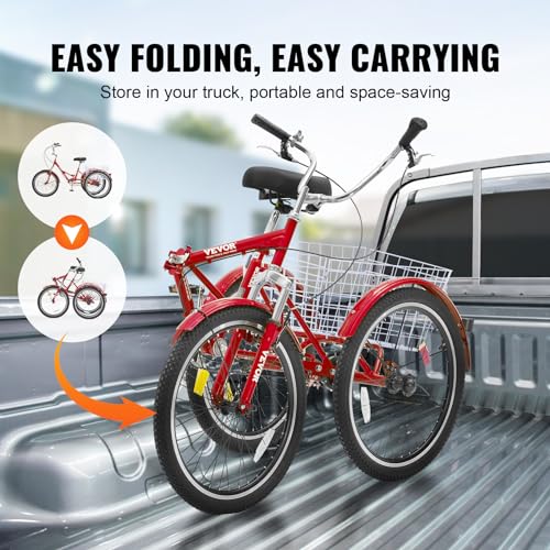Image of VEVOR Folding Adult Tricycle,Adult Folding Trikes, 3 Wheel Cruiser Bike with Large Basket & Adjustable Seat, Shopping Picnic Foldable Tricycles for Women, Men, Seniors