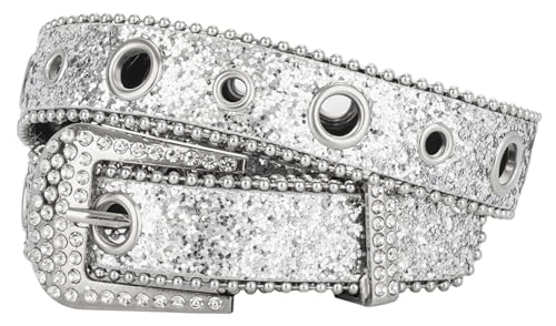 Ceinture vintage en strass style cowgirls western à paillettes pour jeans, robes et pantalons, Argent (2,8 cm de largeur), Fit for 28-37" waist