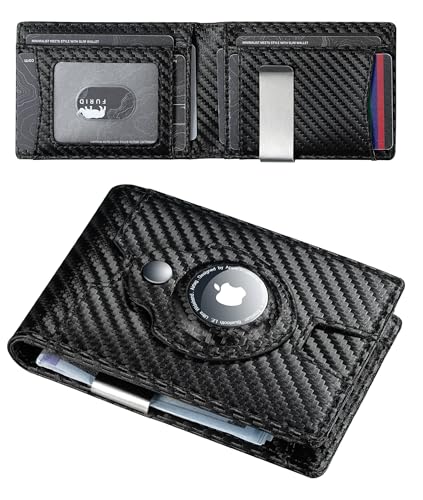 furid Airtag Wallet Men Slim: RFID Card Wallet with Airtag Holder - Apple Air Tag Wallet for Men - Minimalist Front Pocket Bifold Leather Wallet with Money Clip (Carbon Fiber)