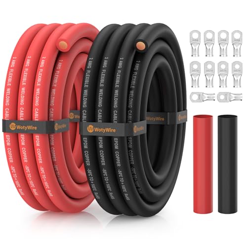 WotyWire 2 Gauge Battery Cable 2 AWG Flexible EPDM Oxygen-Free Copper Welding Cable with 3/8 and 5/16 Lugs for Battery Inverter Solar Generator Marine RV (10 FT Red + 10 FT Black)