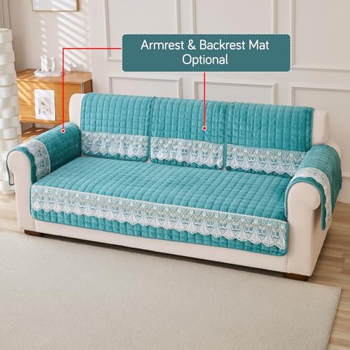 Image of HOKIPO 'BelleLace Series' 5 Seater Sofa Cover Mat in 3+2 Seater Combination | Imperial Milk Velvet with Anti Slip Backing, Teal (AR-5966+5964-TEAL)