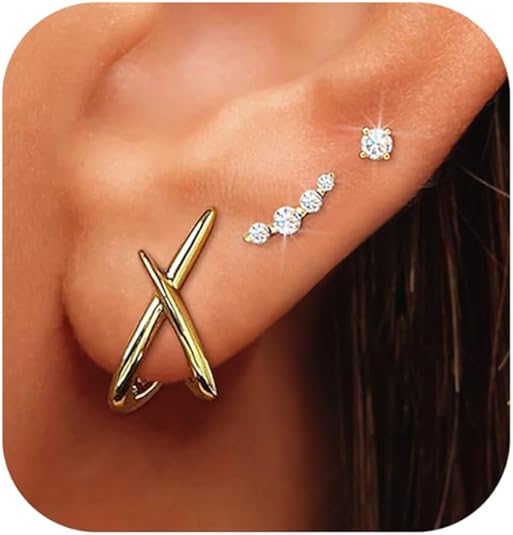 Gold Stud Earrings,3 Pairs 