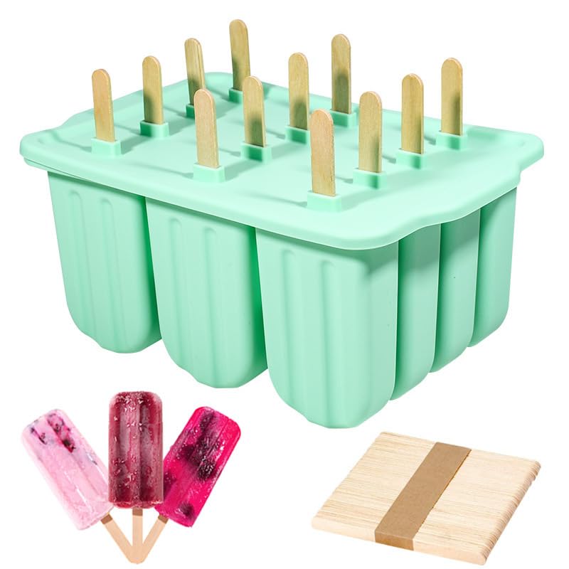 HoneTeek Silicone Popsicles Molds 12 Pieces, Popsicle Holders for Kids with 50 Wooden Sticks Cake Pop Molds, Ice Pop Mold BPA Free Easy Release,Ice Cream Molds Popsicle Maker for Toddlers