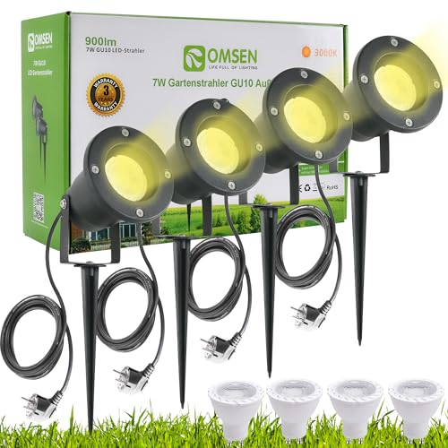 OMSEN Gartenstrahler mit Erdspieß GU10 7W Warmweiß 230V, Robuste IP67 Wasserdicht Gartenleuchte, Austauschbare GU10 Leuchtmittel, Gartenbeleuchtung mit Strom für Außen Garten Hof Rasen Baum, 4er set