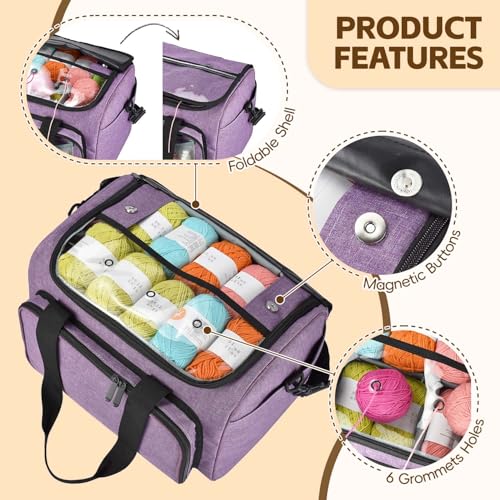 Image of Knitting Bag, Large Capacity Yarn Storage Organizer Tote Bag with Compartments and Pockets for Knitting Needles, Crochet Hooks, Knitting Project and Accessories, Bag Only, Purple