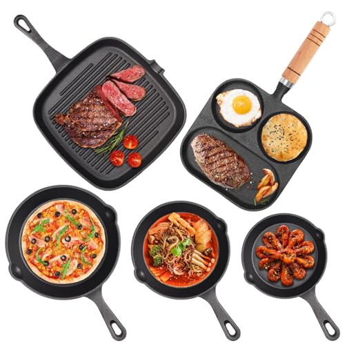 Lista de Sarten Serafin los mejores 5. 46 Sartenes de Hierro Fundido, Sartenes Antiadherentes, Juego de Cast Iron (14, 16, 20cm Sarten Plana, 24cm Sartén para Bistec, 19cm Sartén de Tres Orificio), con Espátula y...