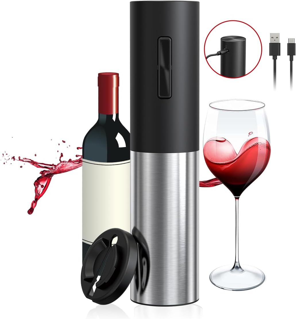 Electric Wine Opener, Rechargeable Automatic Wine Bottle Openers with Foil Cutter, Stainless Steel One-click Button Corkscrew Remover for Home Kitchen Party Wedding Bar Restaurant, Silver