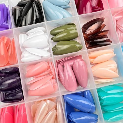 Image of 24 Colors Press on Nails Solid Color Fake Nails Short Almond False Nails Pure Color Glue on Nails Reusable Artificial Acrylic Nail Full Cover Glossy Stick on Nails for Women Manicure 576Pcs