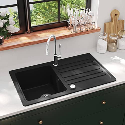 Snsowed Fregadero de Cocina de Granito con un Seno y escurridor Negro, Mueble Pila Lavadero, Pila Fregadero Cocina, Fregadero sobre Encimera, Fregadero Baño Encimera, Picas De Cocina